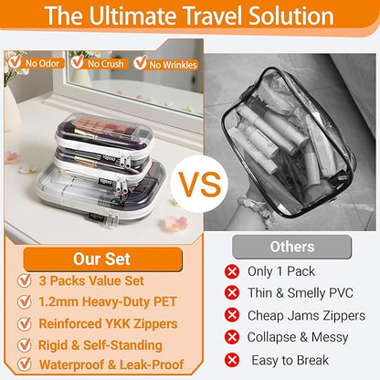 YQBRAO 3-Pack Clear Hard Shell Zipper Case, 1.2mm Heavy-Duty Crush-Proof Travel Makeup Bag, TSA Approved Clear Zipper Pouches, Rigid Toiletry & Diaper Bag Organizer for Toys, Tech & Art Supplies