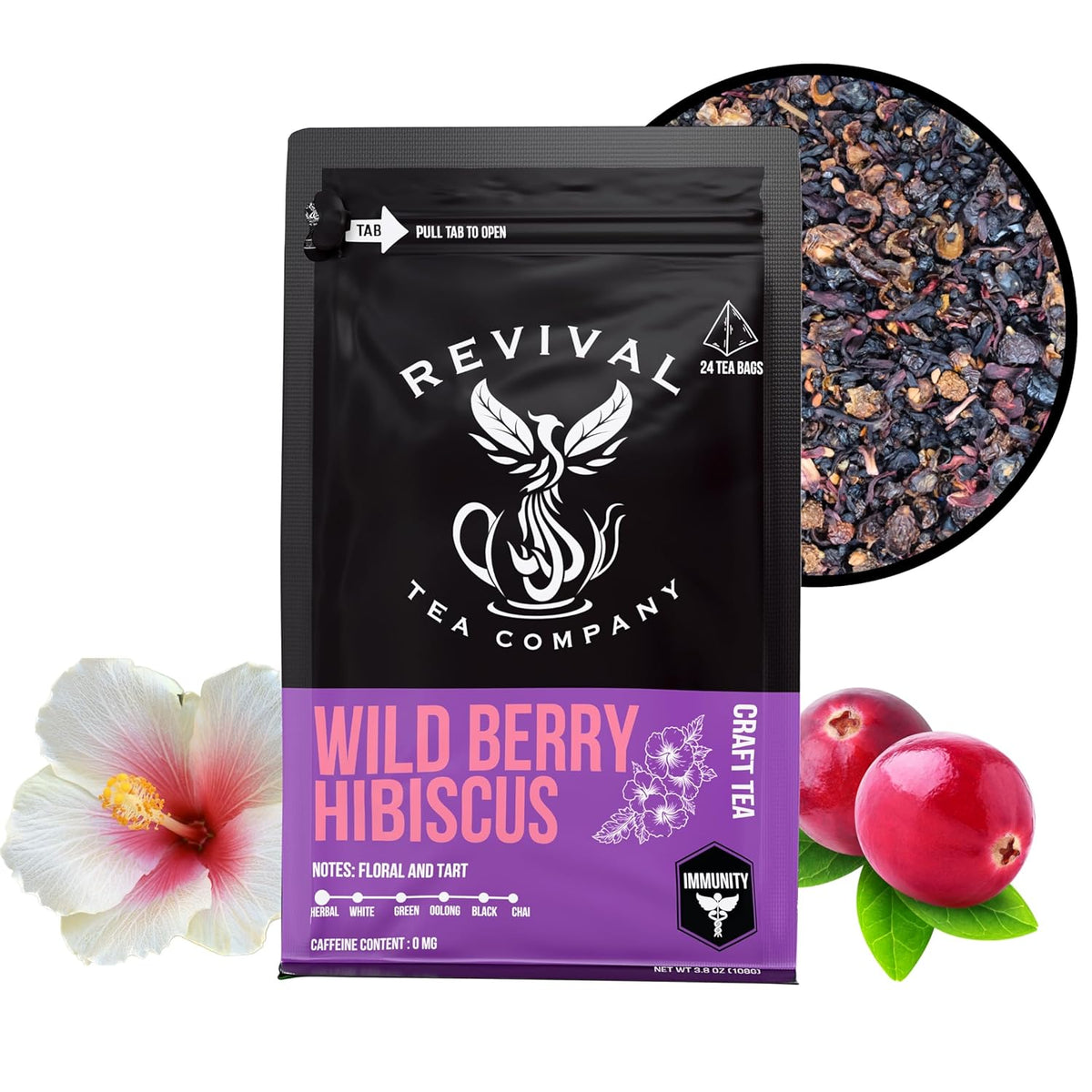 Revival Tea Company Wild Berry Hibiscus Tea - Herbal Tea Blend with Elderberry and Natural Wild Berry Flavor - Caffeine Free - 24 Tea Bags