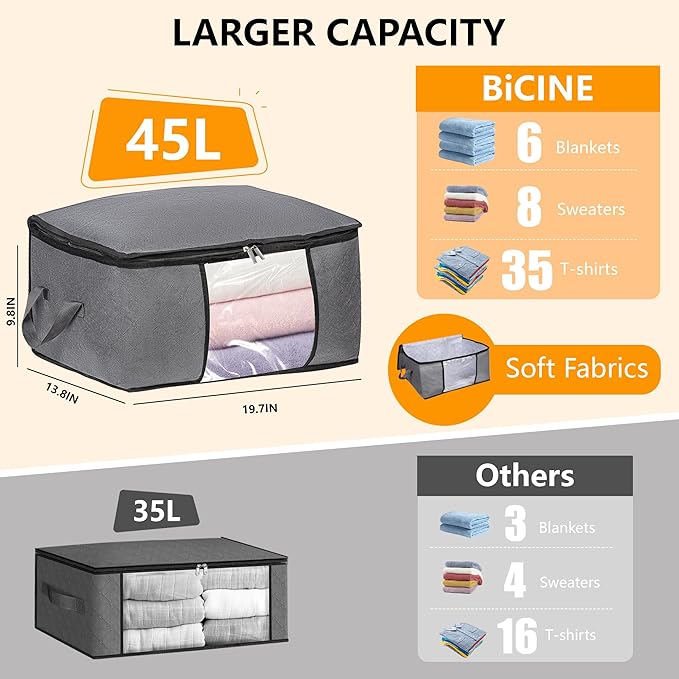 BiCINE 8 Pack Clothes Storage Bags with Zipper, 45L Foldable Blanket Storage Bag with Clear Window Sturdy Handles for Closet, Dorm, Pillows, Bedding, Sheet, Comforter, Gray