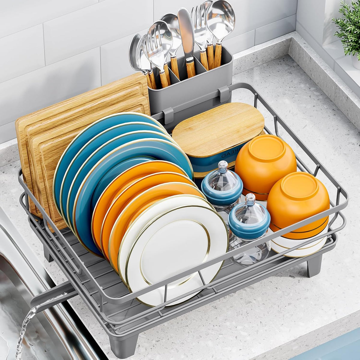 Dish Drying Rack for Kitchen Counter, Space-Saving Dish Rack, Multifunctional Dish Drainer Rack, Sink Kitchen Dishes Strainer, Dryer Rack with Drain Board, and Cutlery Holder,Small Size Gray