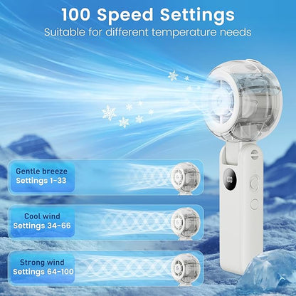 Portable Fan Handheld, Powerful Cooling Misting Fan Rechargeable, LED Display, 100 Speed Stepless Control, 155° Foldable, 4 IN 1 Personal Mist Fan for Outdoor, Travel, Makeup, Gifts for Men Women