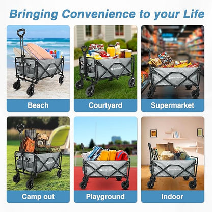 Yesker Foldable Wagon - 220lbs Collapsible Garden Carts with All Terrain Wheels for Outdoor Camping Sports Shopping Gardening - Heavy Duty Portable Utility Trolley (Gray)