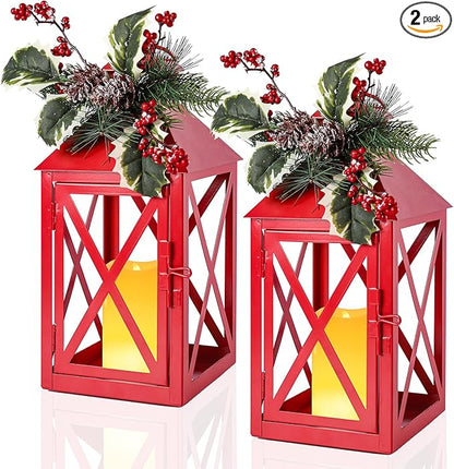 Christmas Lanterns Decorative Outdoor, Waterproof 14.2" Decorative Christmas Red Lantern Indoor Decor Metal Hanging Candle Holder LED Flameless Candle Lantern for Patio, Porch, 2 Packs