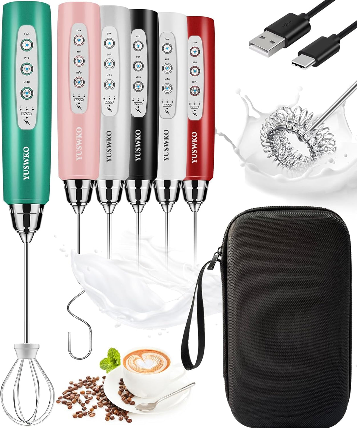 Yuswko Rechargeable Milk Frother for Coffee, Handheld Drink Mixer with 3 Heads 3 Speeds, Ideal Coffee Frother Wand for Travel - Green