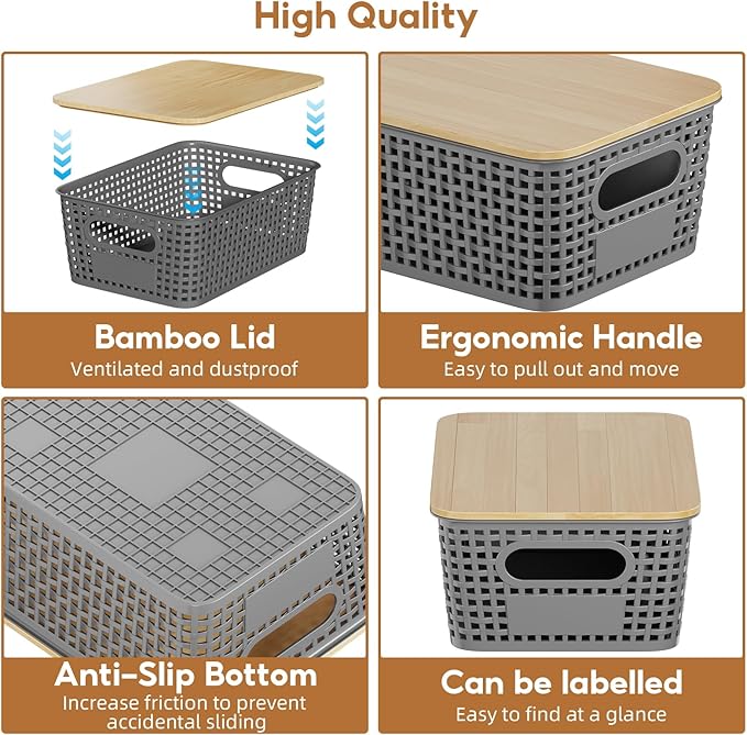 8 Pcs Plastic Storage Bins with Bamboo Lid, Stackable Storage Bins with Lids & Labels for Organizing, Storage Bins for shelves Office Drawer Cabinet & Pantry Nursery Organization,10.2x7.2x4 .1In