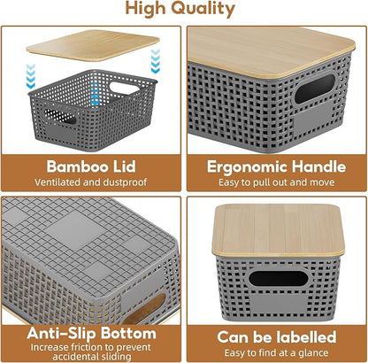 8 Pcs Plastic Storage Bins with Bamboo Lid, Stackable Storage Bins with Lids & Labels for Organizing, Storage Bins for shelves Office Drawer Cabinet & Pantry Nursery Organization,10.2x7.2x4 .1In