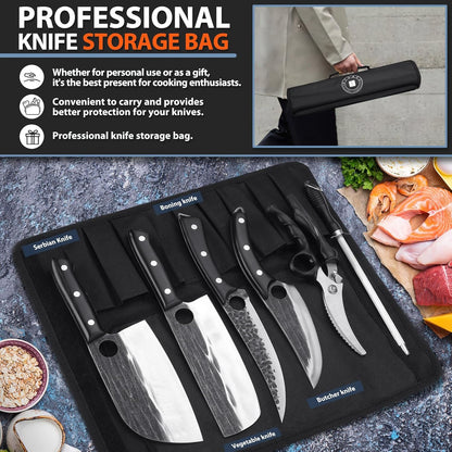 TIVOLI Professional Butcher Knife Set for Meat Processing, 7Pcs High Carbon Steel Hand Forged BBQ Knife Sets, Serbian Chef Knife Set with Ergonomic Handle for Kitchen Outdoor Cooking Father's Day Gift
