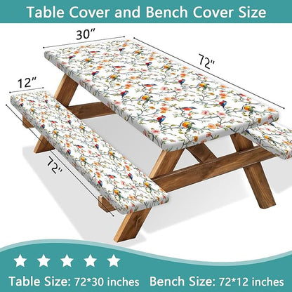 Bird Branch Picnic Table Cover with Bench Covers and Bag, Camping Essentials, Spring Summer Floral Waterproof Windproof, Fitted Tablecloth Cover with Elastic Edge for Outdoor Garden 3 PCS 30x72 Inch