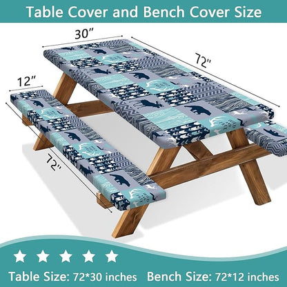 Picnic Table Cover with Bench Covers, Camping Essentials, Rustic Cabin Deer Bear Stripes Waterproof Windproof Patio Table Cover, Fitted Tablecloth Cover with Elastic Edge for Outdoor 3 PCS 30x72 Inch