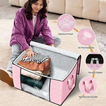 Fab totes 24 Gallons Clothes Storage, Foldable Thick Fabric Blanket Storage Bags, Containers for Organizing Bedroom, Closet, Clothing, Comforter, Organization with Handle (6 Pack,Pink)