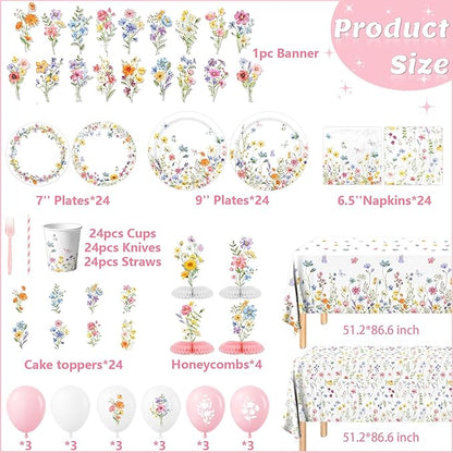 193Pcs Spring Wildflower Party Decorations Include Plates, Napkins, Cups, Balloons, Banner, Tablecloth, Cake Toppers, Honeycombs for Floral Birthday Baby Shower Party, Serve 24