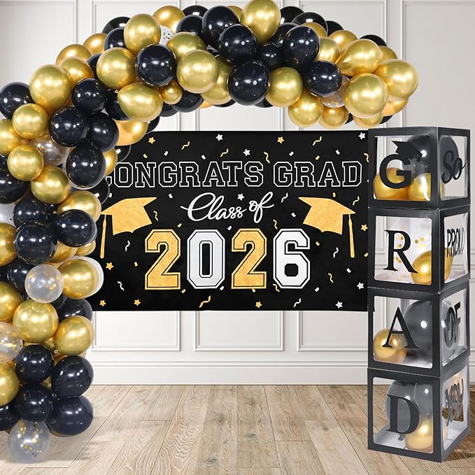 Picoway Graduation Decorations Class of 2026 ,Black and Gold Graduation Party Decorations include 4 Pcs Balloons Boxes with Letters, 110 Pcs Balloon Arch Kit and Banner backdrop for Party Favors Decor