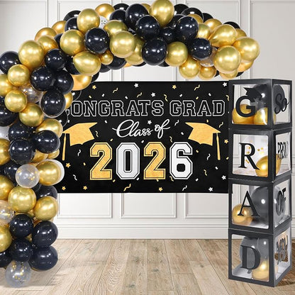 Picoway Graduation Decorations Class of 2026 ,Black and Gold Graduation Party Decorations include 4 Pcs Balloons Boxes with Letters, 110 Pcs Balloon Arch Kit and Banner backdrop for Party Favors Decor