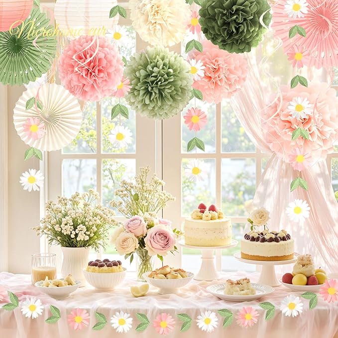 NICROHOME EUR Wedding Decorations, 20 PCS Sage Green and Pink Tissue Pom Poms Paper Lanterns Paper Fans 3D Flower Garlands for Bridal Shower Baby Shower Women Girls Birthday Garden Party Decor