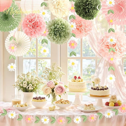 NICROHOME EUR Wedding Decorations, 20 PCS Sage Green and Pink Tissue Pom Poms Paper Lanterns Paper Fans 3D Flower Garlands for Bridal Shower Baby Shower Women Girls Birthday Garden Party Decor