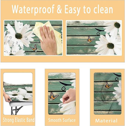 Picnic Table Cover with Bench Covers Daisy Flowers Wooden Floral Waterproof Windproof Fitted Outdoor Tablecloth with Elastic Rectangle Table Cloth Camping Accessories,96x30 Inch