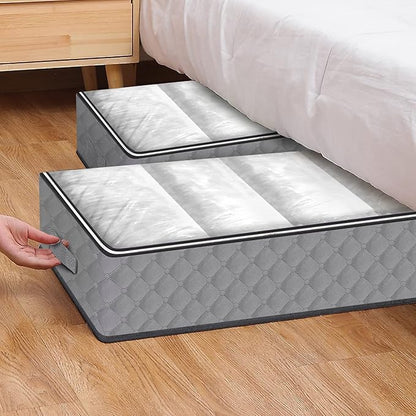 Homelove Under Bed Storage Bags, 2 Pack Fabric Underbed Storage Containers with Reinforced Handles and Clear Window Foldable Bedroom Organizer Bags Bin for Blankets Clothes Comforters Toys,Grey