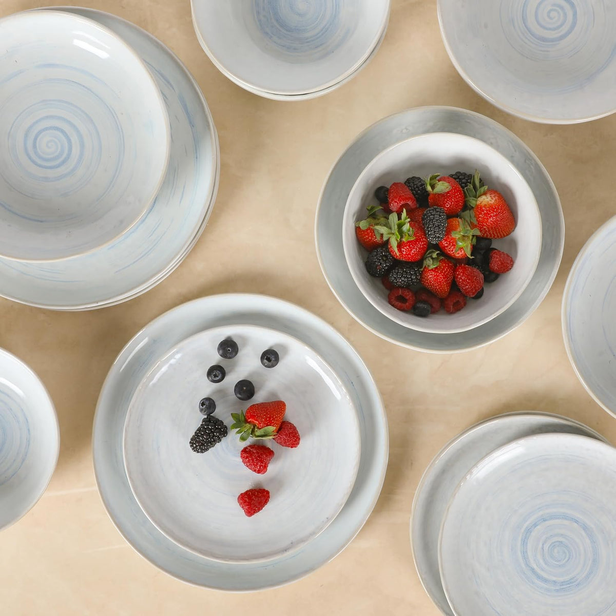 Gibson Elite Auckland Blue Swirl Stoneware Reactive Glaze 16 Piece (Service for 4) Plates and Bowls Dinnerware Set