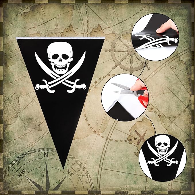 9.68ft Pre-Strung Pirate Banner Halloween Pirate Flags Pirate Party Decorations Skull Ship Triangle Pennant Bunting for Halloween Birthday Party Outdoor Indoor Decorations