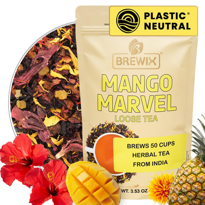 BREWIX, Mango Marvel Herbal Loose Leaf Tea (50+ Cups, 3.53oz/100g) | Caffeine-Free Fruit Tea with Hibiscus, Mango, Pineapple &amp; Strawberry | Antioxidant-Rich Tropical Tea, Hot or Iced, Resealable