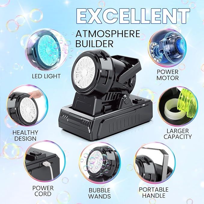 Bubble Machine – 10-Hole Automatic Bubble Blower, 20000+ Bubbles Per Minute, Plug-in or Battery Operated, Portable for Kids, Outdoor Parties, Weddings & Birthdays
