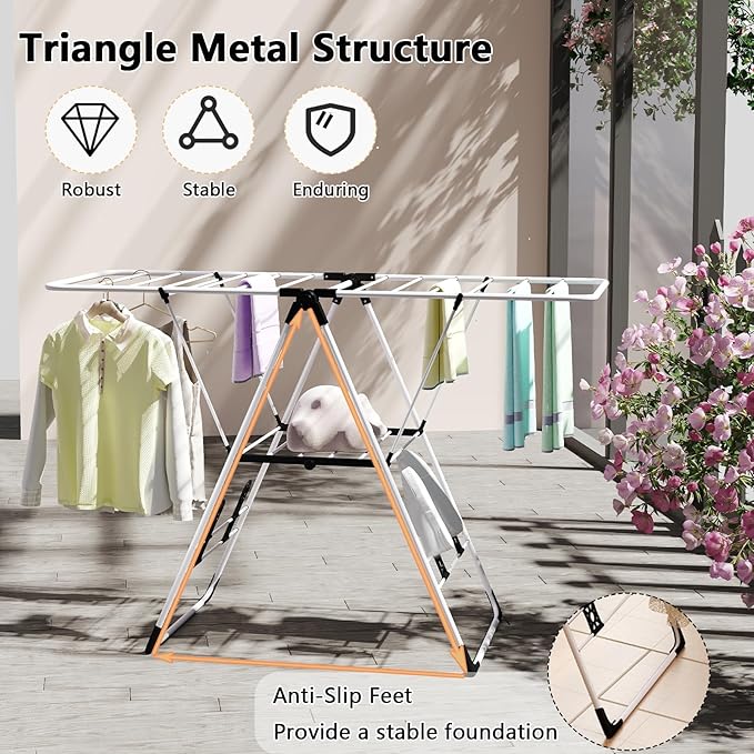 Tangkula Clothes Drying Rack, Collapsible Laundry Rack with Hanging Rods, Shoe Hangers, Adjustable Gullwing and Foldable Design for Space-Saving, Stainless Steel Clothing Shelf