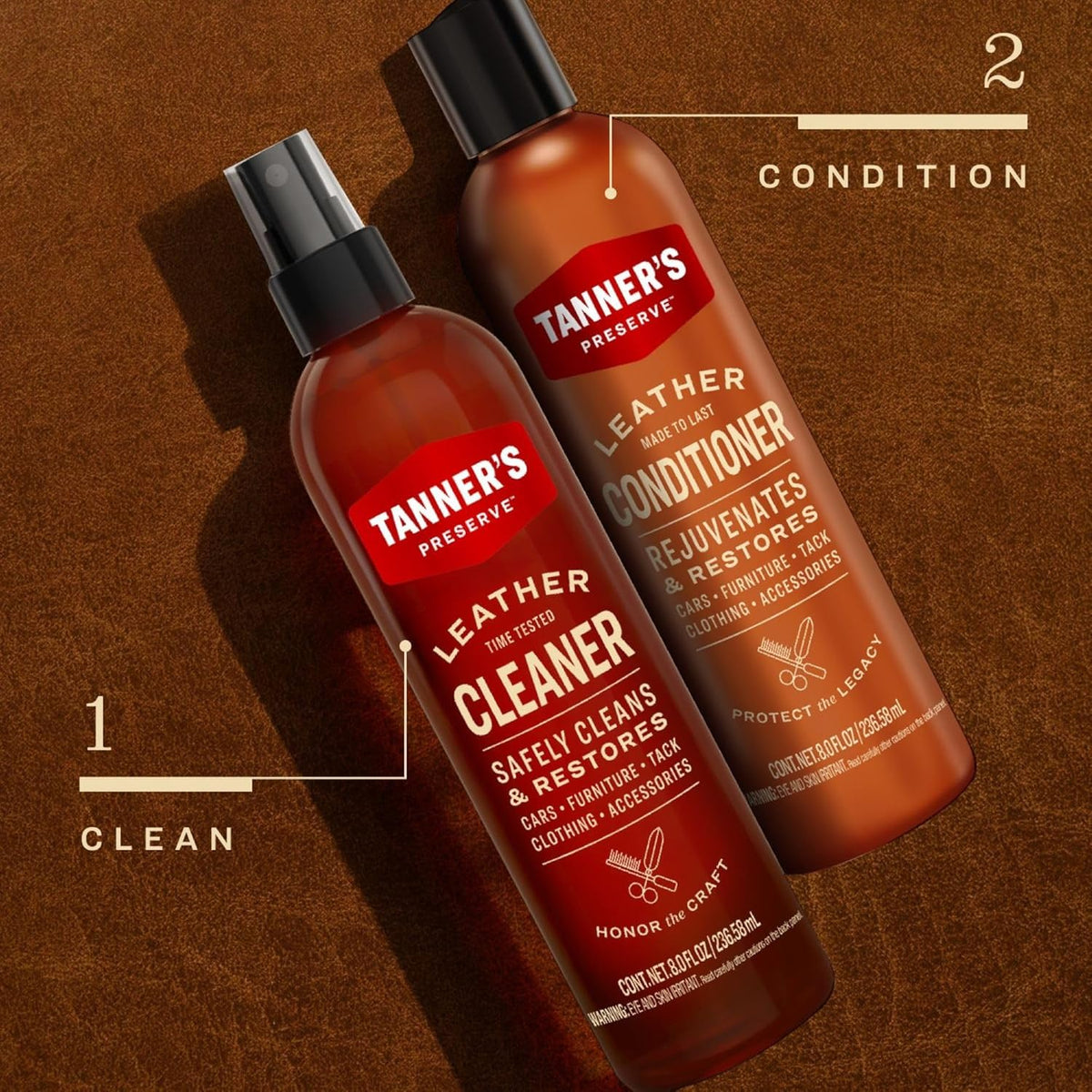 Tanner's Preserve Leather Cleaner & Conditioner Duo Pack, Cleans, Rejuvinates & Restores Finished Leather, Use for Cars, Furniture & More, 2X 8 Fl Oz
