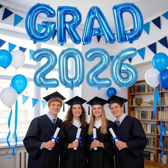 Blue Grad 2026 Balloons, 2026 Graduation Decorations Set Congrats Grad Foil Balloons Banner Sign for Class of 2026 Graduation Decorations College High School Prom Party Backdrop Supplies