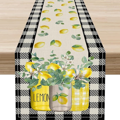 Lemon Table Runner, Farmhouse Black Buffalo Plaid Seasonal Summer Spring Fruits Lemon Coffee Table Center Decor for Home Kitchen Dining Party Patio Indoor Outdoor Table Decorations, 13"x108" Inch