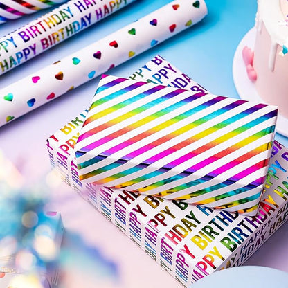 WRAPAHOLIC Heart Wrapping Paper Roll - Mini Roll - 3 Rolls - 17 inch x 120 inch Per roll - Colorful Foil Birthday Wrapping Paper for Valentine's Day, Kids Girls Birthday, Baby Shower