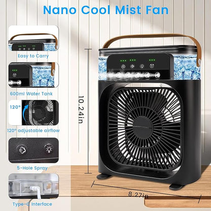 Portable Air Conditioner Fan, Mini Evaporative Air Cooler with 5 Spray Nozzles,3 Wind Speeds,3 Timers, 7 Colors LED Light,600ML Personal AC Unit Fan for Bedroom Office Camping（Black）