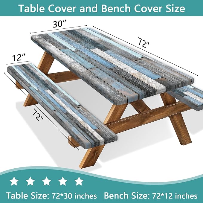 JAWO Picnic Table Cover with Bench Covers Rustic Wood Farmhouse Waterproof Windproof Fitted Outdoor Patio Camping Rectangle Tablecloth Washable 72x30 Inch Elastic Edges Blue Grey
