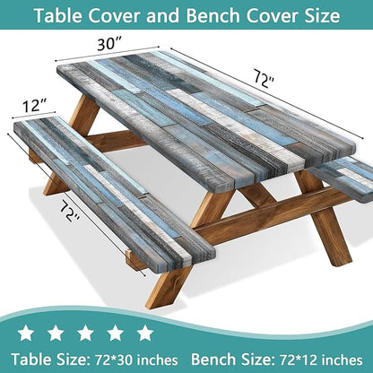 JAWO Picnic Table Cover with Bench Covers Rustic Wood Farmhouse Waterproof Windproof Fitted Outdoor Patio Camping Rectangle Tablecloth Washable 72x30 Inch Elastic Edges Blue Grey