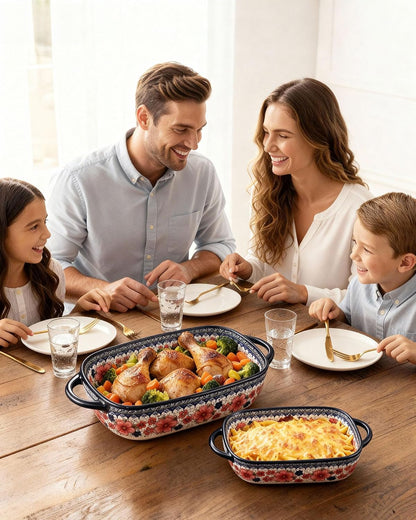 Polish Pottery Style Ceramic Baking Dish Set of 2 – Decorative Casserole Dishes with Handles, Cute Oven-Safe Lasagna Bakeware Gift Set