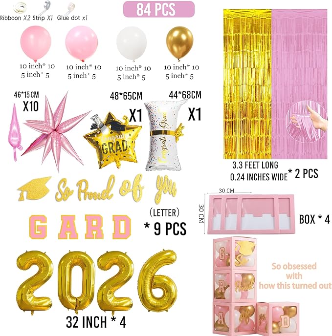 Pink and gold Graduation Decorations 2026 Set of 4 GRAD Balloon Boxes with Balloon Arch Garland Kit mylar balloons shimmer Fringe Curtain So Proud of You 2026 prom Graduation Decorations