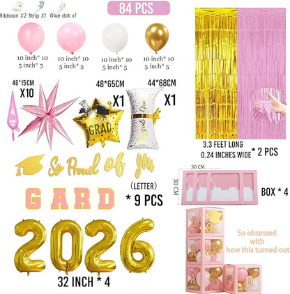 Pink and gold Graduation Decorations 2026 Set of 4 GRAD Balloon Boxes with Balloon Arch Garland Kit mylar balloons shimmer Fringe Curtain So Proud of You 2026 prom Graduation Decorations