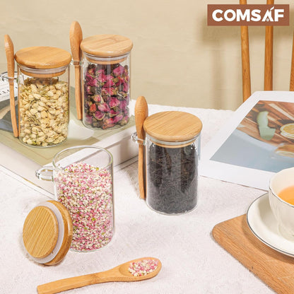 ComSaf 12 Pcs Glass Spice Jars and Spoons, 8oz Glass Containers with Bamboo Lids, Storage Containers with Airtight Lids with 275 Labels for