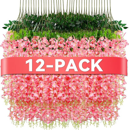 Alotiki Wisteria Hanging Flowers,12 Pack Fake Hanging Flowers,Wisteria Artificiales Garland for Home Wedding Arch Floral Party Garden Ceremony Outdoor Decor,3.6 Feet Long(12,Pink)