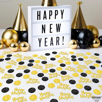 KatchOn, Glitter, Gold and Black Happy New Year Confetti - Pack of 200 | New Years Confetti 2026, New Years Eve Party Supplies 2026 | NYE Table Decorations | Happy New Years Decorations 2026