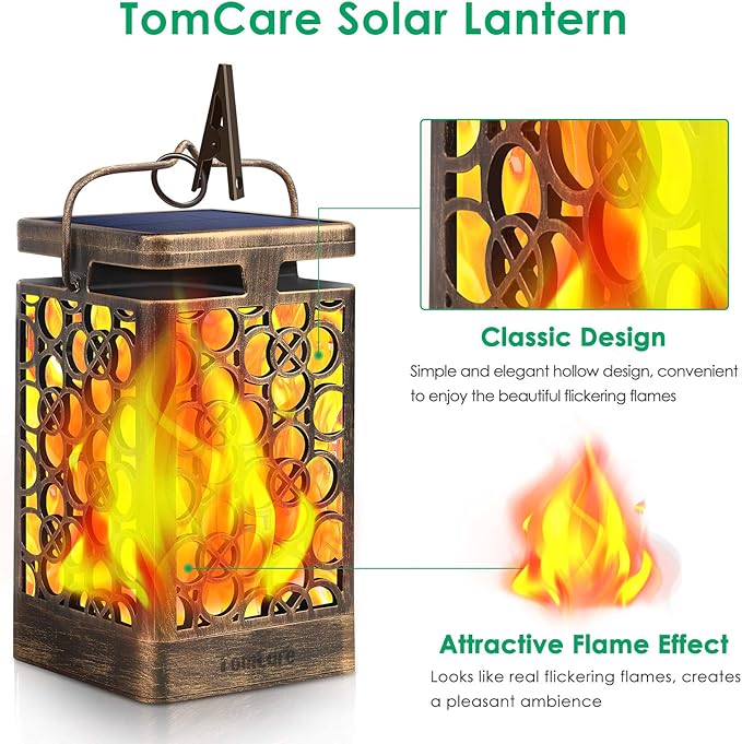 TomCare Solar Lights Upgraded Solar Lantern Flickering Flame Outdoor Hanging Lantern Decorative Lighting Solar Powered Waterproof LED Flame Umbrella Lights for Patio Garden Deck, 2 Pack(Bronze)