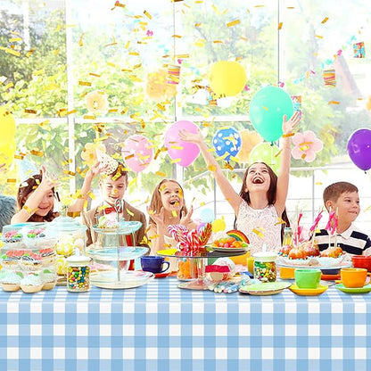 12 Pcs Light Blue Checkered Tablecloth 54 ×108 Inches Rectangle Blue Gingham Tablecloth Disposable Plastic Waterproof Table Cover for Outdoor Picnic, Kitchen, Holiday Birthday Party