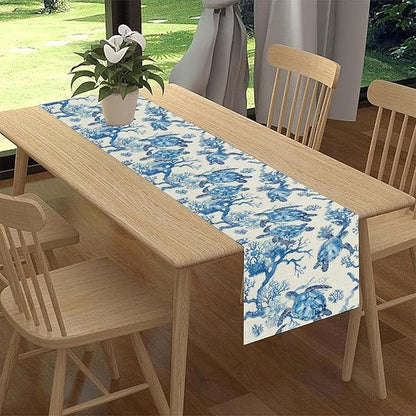Sea Turtle Table Runner, Summer Coastal Nautical Coral Undersea Tropical Rustic Farmhouse Coffee Table Center Decor for Home Kitchen Dining Patio Holiday Party Table Decorations 13"x72"