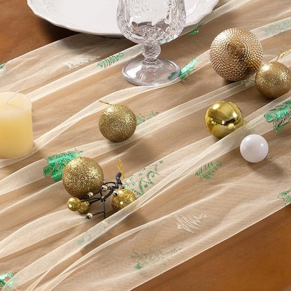 Socomi Christmas Tree Table Runner Gold Gauze Sheer Chiffon Cheesecloth Sequin 10FT Glitter Metallic Foil Dining Wedding Birthday Party Winter Holiday Centerpiece Table Decor 3pcs Beige