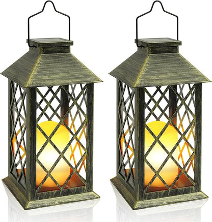 Solar Lantern Outdoor, 2 Pack 14" Waterproof Outdoor Garden Hanging Lanterns ,Flickering Dancing Flame Candle Mission Lights for Outdoor Mothers Day Gifts and Christmas