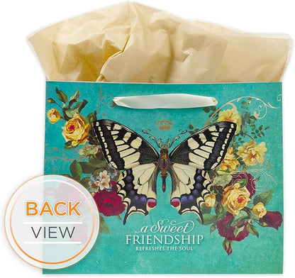 Christian Art Gifts Large Landscape Scripture Gift Bag for Women & Friends w/Card & Tissue Paper Set: Sweet Friendship - Prov. 27:9 Inspirational Bible Verse, Butterfly Multicolor Floral, Teal & Gold