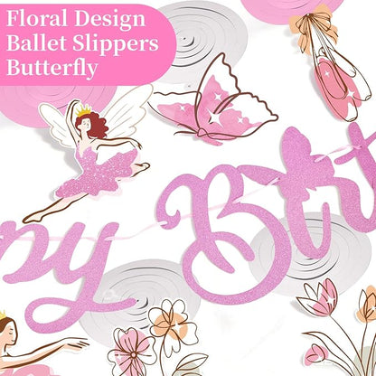 SUNBEAUTY Ballerina Birthday Party Decorations Pink Ballet Girls Happy Birthday Banners Ballet Themed Hanging Banner Flower Garland Wall Ceiling Decor for Girls Tutu Dance Party Supplies