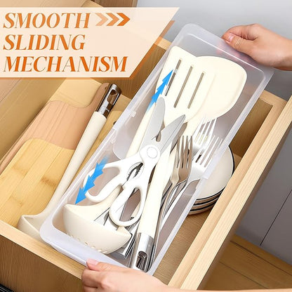 2 Pack Deep Drawer Organizer Bins, Adjustable Sliding Drawer Organizer Bin Expandable Tray for Kitchen Utensils, BBQ Tools, Towels, Durable Plastic Sliding for Easy Storage (12.4" to 18”)