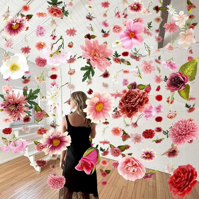 Suncalla 6 Pcs 35.46 ft Flower Garlands Backdrop Spring Artificial Wildflower Vines Floral Decorations for Party Fake Flower Vines Faux Silk Wildflower for Easter Wedding Garden Wall Arch(Pink)