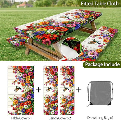 Floral Picnic Table Cover with Bench Covers, Camping Bird Flower Wooden Spring Essentials Waterproof Windproof Camping Tablecloth with Drawstring Bag, Fitted Rectangle Tables and Seats, 60in
