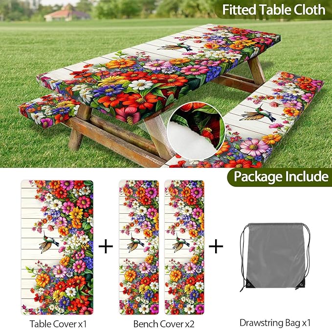 Floral Picnic Table Cover with Bench Covers, Camping Bird Flower Wooden Spring Essentials Waterproof Windproof Camping Tablecloth with Drawstring Bag, Fitted Rectangle Tables and Seats, 96in